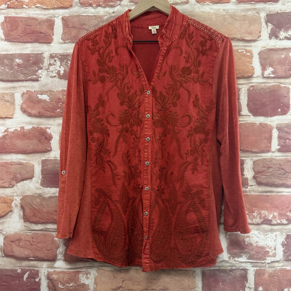 Reba Top Women's XL Rust Red Boho Floral Embroidered Distressed Faded Shirt